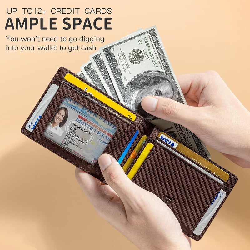 GSOIAX Slim Wallet for Men RFID Blocking Bifold Wallet Carbon Fiber Front Pocket Wallet with 11 Card Holder Minimalist Mens Wallet with Gift Box(Carbon Fiber - Coffee) - Image 4